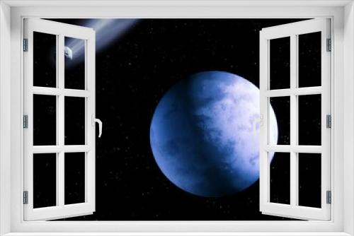 Fototapeta Naklejka Na Ścianę Okno 3D - Exoplanet similar to Earth, extrasolar planet in space with comet and stars 3d illustration.