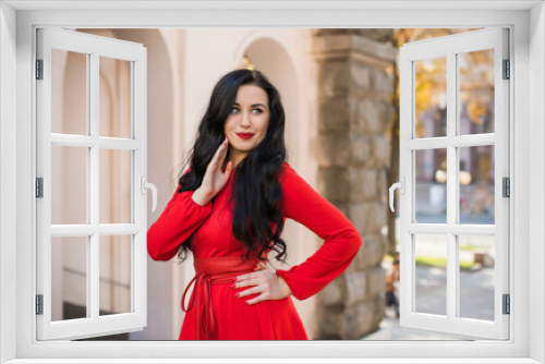 European Woman with dark hair and pale skin, in vintage style at city, fashionable outdoor portrait