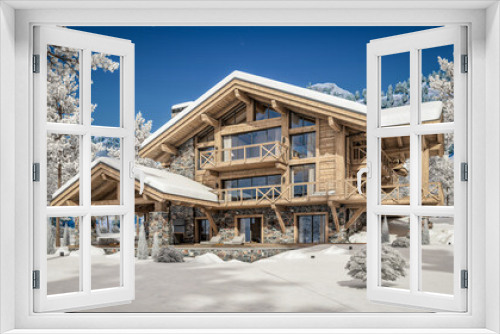 Fototapeta Naklejka Na Ścianę Okno 3D - 3d rendering of modern cozy chalet with pool and parking for sale or rent. Beautiful forest mountains on background. Massive timber beams columns. Cool winter day with shiny white snow.