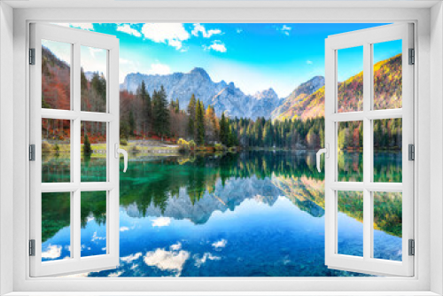 Fototapeta Naklejka Na Ścianę Okno 3D - Fairytale  view of Fusine lake with Mangart peak on background