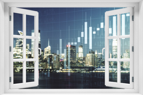 Fototapeta Naklejka Na Ścianę Okno 3D - Multi exposure of virtual abstract financial diagram on Manhattan office buildings background, banking and accounting concept