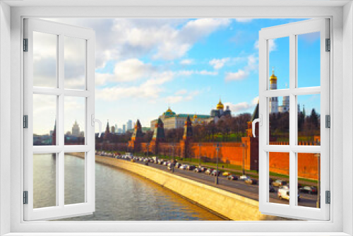 view from the bridge to the Kremlin, Moscow river and Moscow City. Panorama at sunset, Moscow, Russia