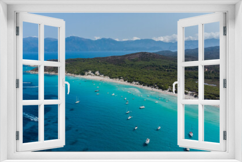 Fototapeta Naklejka Na Ścianę Okno 3D - Aerial view of Saleccia Beach in the Agriates desert in Upper Corsica, France - Paradise beach in the Mediterranean Sea with tropical waters, only accessible by boat