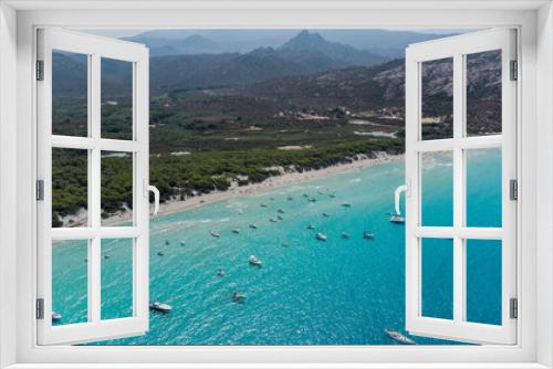 Fototapeta Naklejka Na Ścianę Okno 3D - Aerial view of Saleccia Beach in the Agriates desert in Upper Corsica, France - Paradise beach in the Mediterranean Sea with tropical waters, only accessible by boat