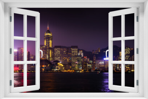 Fototapeta Naklejka Na Ścianę Okno 3D - View the city at night from Kowloon. Hong Kong.