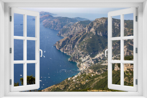 beautiful view of the Amalfi coast, Positano and Capri in the background seen from the famous Path of the Gods (sentiero degli Dei). Agerola, Positano, Campania, Italy