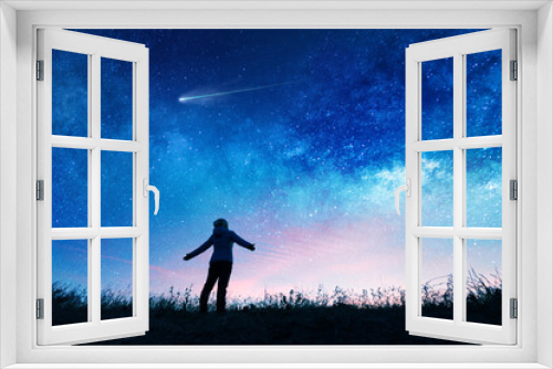 Fototapeta Naklejka Na Ścianę Okno 3D - silhouette of girl watching the stars in night sky