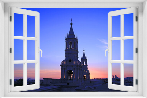 Fototapeta Naklejka Na Ścianę Okno 3D - Stunning Bell Tower of Basilica Cathedral of Arequipa Against Sunset Afterglow Sky, Arequipa, Peru