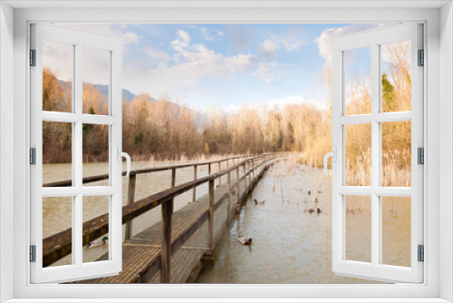 Fototapeta Naklejka Na Ścianę Okno 3D - Old wood footbridge on lagoon, rural landscape