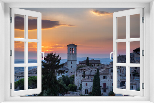 sunset from Assisi, Perugia province, Umbria, Italy. panoramic view of the city of San Francesco