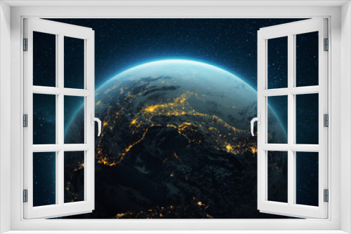 Fototapeta Naklejka Na Ścianę Okno 3D - Amazing blue planet Earth with night yellow lights of megacities in space with stars. Deep space with a planet. Civilization concept. Cities of Central Europe