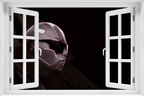 Fototapeta Naklejka Na Ścianę Okno 3D - AI Cyberpunk Konzept: Transhuman / Cyborg Kopf mit Sonnenbrille; Neon beleuchtet + leuchtend | 3D Render Illustration [4K]