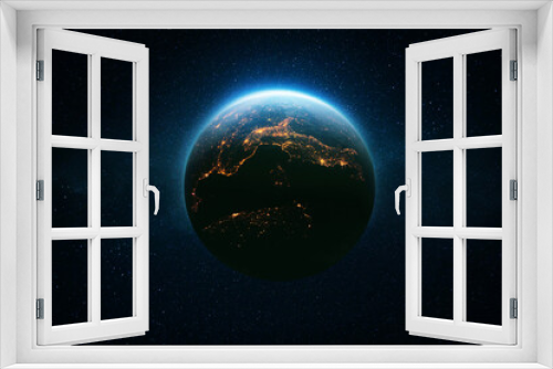 Fototapeta Naklejka Na Ścianę Okno 3D - Amazing beautiful blue planet Earth with bright night city lights in starry space. Life Concept. Civilization. Space Wallpaper.