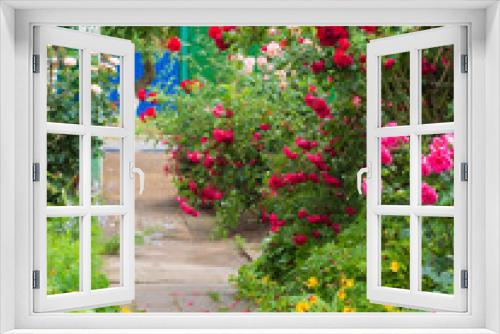 Fototapeta Naklejka Na Ścianę Okno 3D - The Garden of Eden. An arch of red roses, blue roses, yellow daisies and other flowers. There is a place for your creativity in the Garden of Eden. You can add any image in the center
