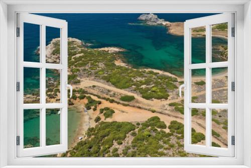 Fototapeta Naklejka Na Ścianę Okno 3D - Aerial drone photo of famous bay and sandy beach of Agios Petros in Northern Skiros island, Sporades, Greece