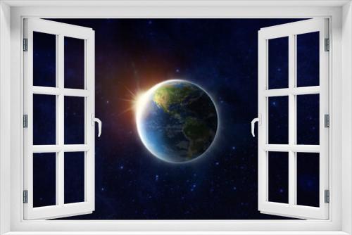 Fototapeta Naklejka Na Ścianę Okno 3D - Save our World. Blue Planet Earth on space show America, USA, World map, Universe, Star field in space, Earth day, Save environment, Earth eclipse Sun concept. World 3D render image furnished by NASA.