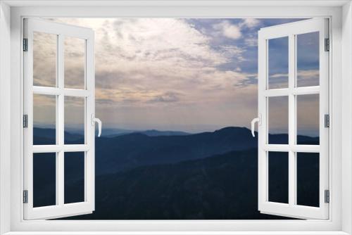 Fototapeta Naklejka Na Ścianę Okno 3D - Mountain range, aerial, evening, clouds, dawn, mist