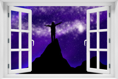 Fototapeta Naklejka Na Ścianę Okno 3D - Galaxy with many shining stars. Arrived at the top of the mountain. Overcome yourself and enjoy a feeling of freedom. Overcome difficult obstacles and savor success. Sublime feeling.