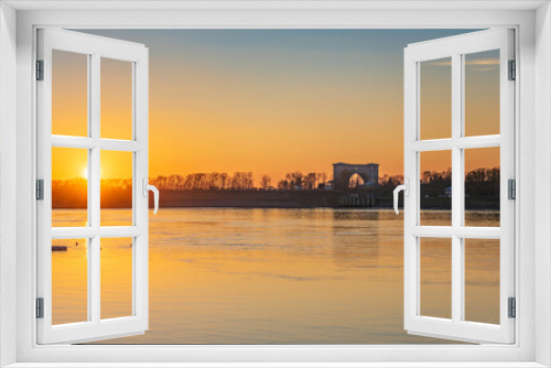 The Uglich Hydroelectric Power Plant and Gateway. Twilight. Town of Uglich, Russia.