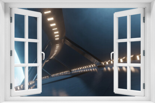 Fototapeta Naklejka Na Ścianę Okno 3D - 3D Rendering of large futuristic sci fi tunnel heading toward planet Earth. Concept for space travel, orbital colony, space station, wallpaper or background