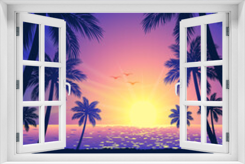 Fototapeta Naklejka Na Ścianę Okno 3D - warm tropical beach sunset with palm trees
