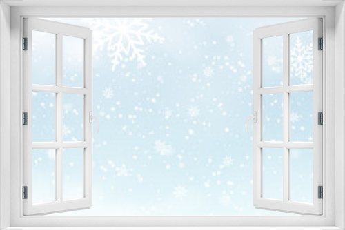 Falling shining snow or snowflakes on blue background for Merry Christmas and Happy New Year. Vector