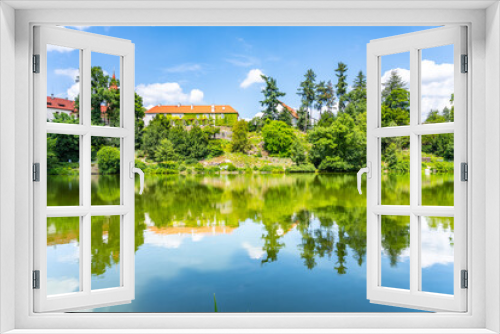 Fototapeta Naklejka Na Ścianę Okno 3D - Pruhonice castle and natural park landscape with garden lake on sunny summer day, Pruhenice, Czech Republic. UNESCO World Heritage Site