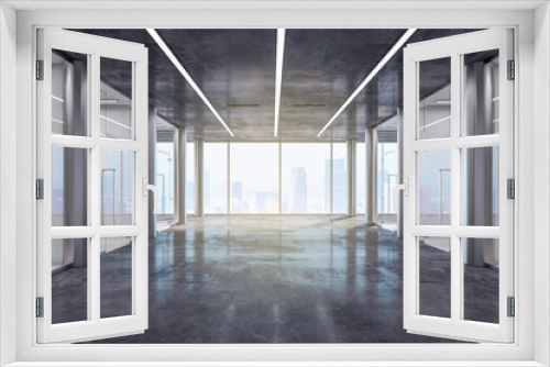 Fototapeta Naklejka Na Ścianę Okno 3D - Clean empty concrete interior with window and city view. Minimalism and design concept. 3D Rendering.