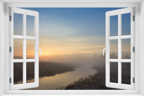 Fototapeta Naklejka Na Ścianę Okno 3D - morning fog over the river red dawn