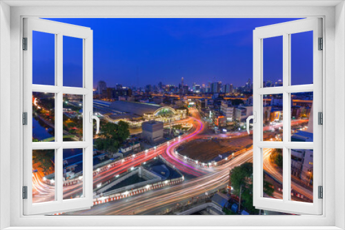Fototapeta Naklejka Na Ścianę Okno 3D - aerial view of bangkok architectures in smart city for technology background. Skyscraper buildings in Bangkok City at night, Thailand
