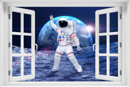 Fototapeta Naklejka Na Ścianę Okno 3D - Funny Astronaut Dancing On A Planet Surface. Feeling Happy. Space And Technology Related 3D Illustration Render.