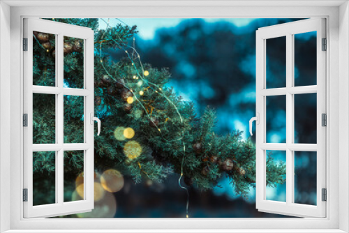 Fototapeta Naklejka Na Ścianę Okno 3D - Pine tree with lights for Christmas and New Year