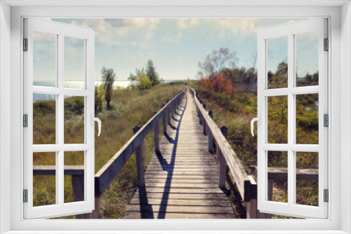 Fototapeta Naklejka Na Ścianę Okno 3D - Wooden Walkway along Lake Huron, Michigan
