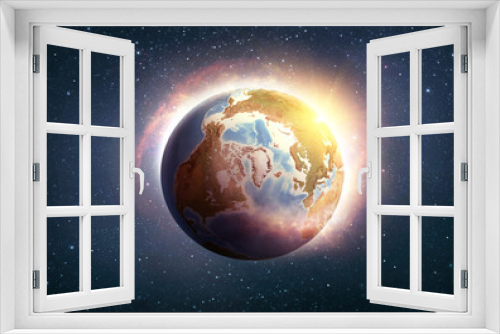Fototapeta Naklejka Na Ścianę Okno 3D - Global warming, climate change, worldwide disaster on Planet Earth, North Pole : Artic ocean and Greenland. 3D illustration - Elements of this image furnished by NASA.