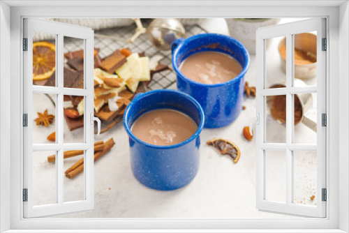 Fototapeta Naklejka Na Ścianę Okno 3D - Stylish composition - on a white background two blue cups of coffee, sweets, decor. Lots of facilities. Romantic breakfast, festive atmosphere. Thanksgiving, New Year's, Christmas.
