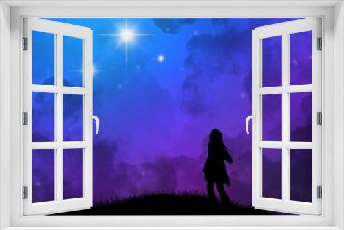 Fototapeta Naklejka Na Ścianę Okno 3D - A woman with long hair walked to the top of the mountain and looked up at the stars in the sky.  An illustration created on a tablet is used as a background.