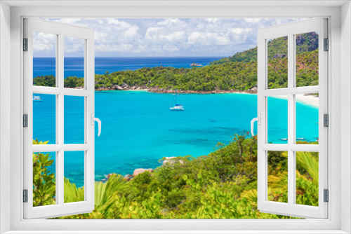 Fototapeta Naklejka Na Ścianę Okno 3D - Amazing view from the top to the tropical beach of Anse Lazio, Praslin island, Seychelles.
