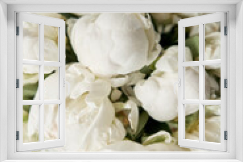 Fototapeta Naklejka Na Ścianę Okno 3D - White peonies in a glass vase. Beautiful peony flower for catalog or online store. Floral shop concept . Beautiful fresh cut bouquet. Flowers delivery