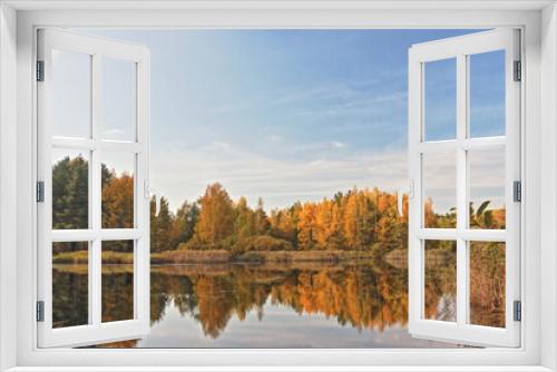 Fototapeta Naklejka Na Ścianę Okno 3D - Little lake in Moscow region, Russia. October. Reflections in water. Golden Autumn (HDR)