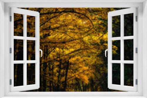 Fototapeta Naklejka Na Ścianę Okno 3D - golden autumn in the forest. a beautiful picturesque alley among the trees during leaf fall. a peaceful landscape of nature without people. yellow foliage underfoot