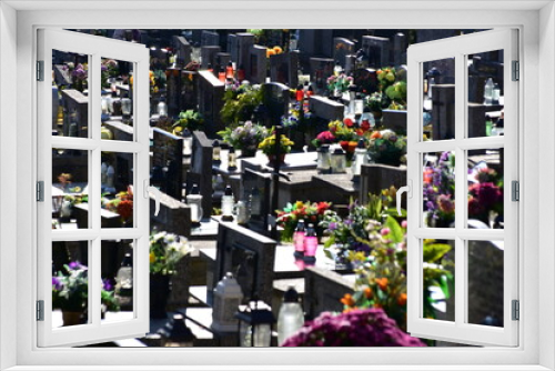 Fototapeta Naklejka Na Ścianę Okno 3D - Cmentarz, groby, wszystkich świętych, pamięć, znicze, 