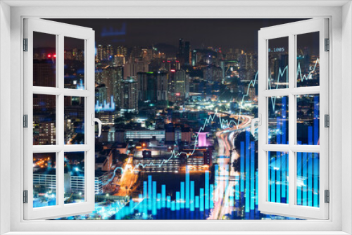 Fototapeta Naklejka Na Ścianę Okno 3D - Stock market graph hologram, night panorama city view of Kuala Lumpur. KL is popular location to gain financial education in Malaysia, Asia. The concept of international research. Double exposure.