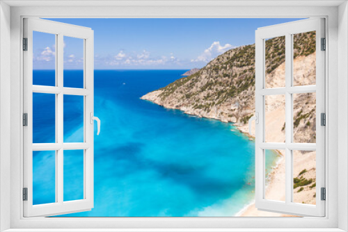 Fototapeta Naklejka Na Ścianę Okno 3D - Aerial photo of paradise exotic sea of Myrtos beach under the mountain at Kefalonia island Greece