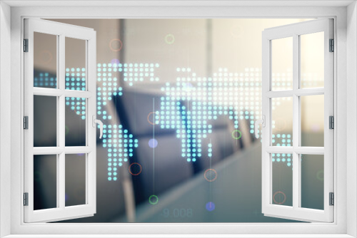 Multi exposure of abstract creative digital world map hologram on a modern meeting room background, research and analytics concept