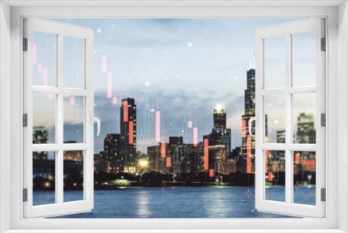 Fototapeta Naklejka Na Ścianę Okno 3D - Abstract virtual crisis chart illustration on Chicago skyline background. Global crisis and bankruptcy concept. Multiexposure
