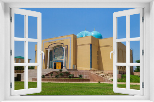 Fototapeta Naklejka Na Ścianę Okno 3D - Building of archaeological museum in city of Termez, Uzbekistan. Here are collected monuments of Buddhist and Zoroastrian past of country. Inscription on building translates as 'Archaeological Museum'