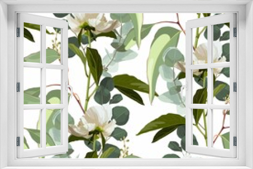 Fototapeta Naklejka Na Ścianę Okno 3D - Seamless floral pattern, white peony flowers and eucaliptus on a white background. Design for wallpaper, fabric, wrapping paper, cover and more. 