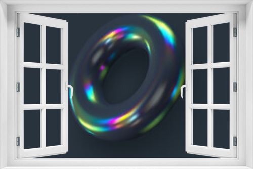 Fototapeta Naklejka Na Ścianę Okno 3D - 3d render realistic primitive. Glossy holographic geometric shape isolated on dark background. Iridescent trendy design, thin film effect. Vector.