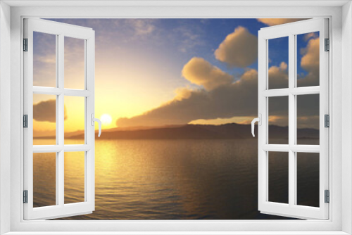 Fototapeta Naklejka Na Ścianę Okno 3D - Ocean at sunrise, sunset at sea, panorama of seascape, 3D rendering