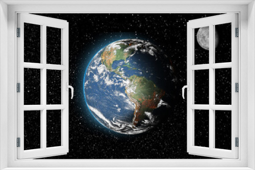 Fototapeta Naklejka Na Ścianę Okno 3D - Sun star and planet earth and moon in space front view. Cosmic background.Solar system.Elements of this image furnished by NASA